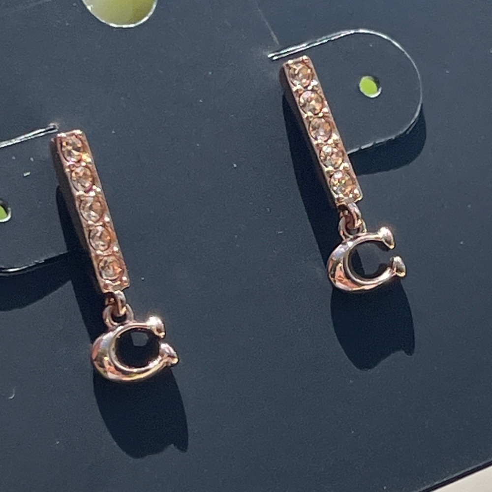 COACH Signature C Pave Bar Stud Earrings in Rose Gold - Picture 9 of 16